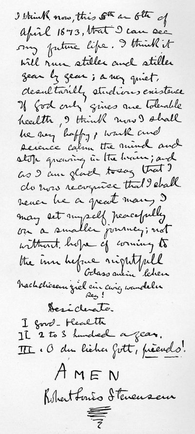 Stevensons persönliche Philosophie und Liste der Desiderata für ein glückliches Leben, 1873 von Robert Louis Stevenson